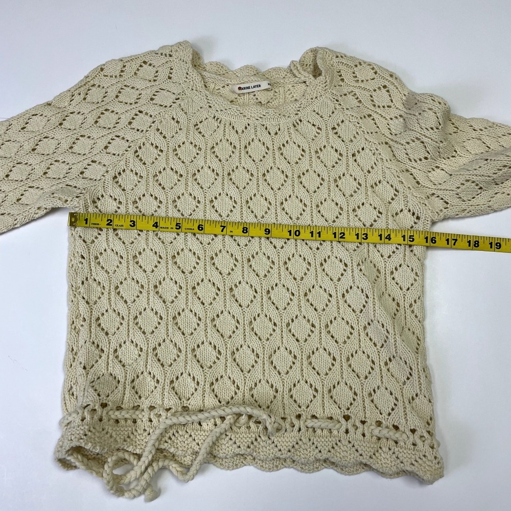 Marine Layer Cream Pointelle Knit Drawstring Sweater XS Diamond Open Knit Boho - Picture 12 of 14